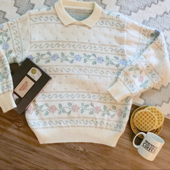 no brand Sweaters - Vintage Floral 80s Sweater Peter Pan Collar